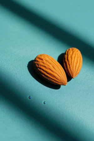 Almond nuts on a blue background with a shadow from the sunの素材