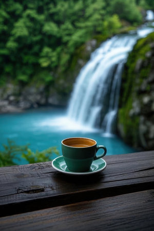 Coffee cup on wooden table with waterfall in the background.の素材