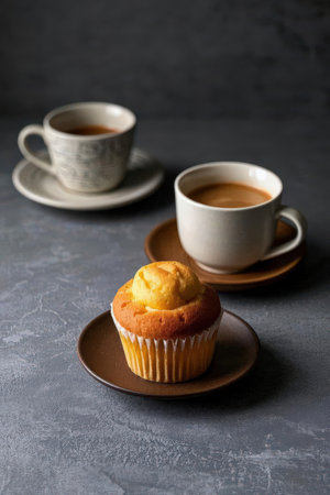 Cupcake and two cups of coffee on a concrete background.の素材