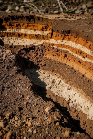 Close-up of orange and red soil layers. Natural background.の素材
