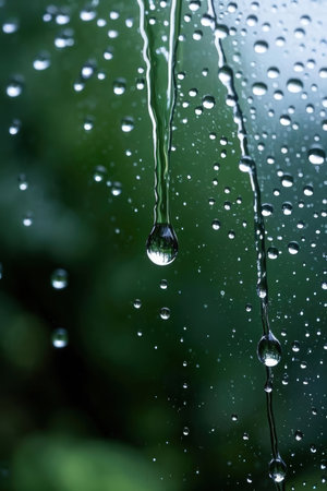 Water drops on the glass with green background. Shallow depth of field.の素材