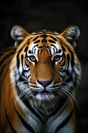 Close up of a tiger looking at the camera with a dark backgroundの素材