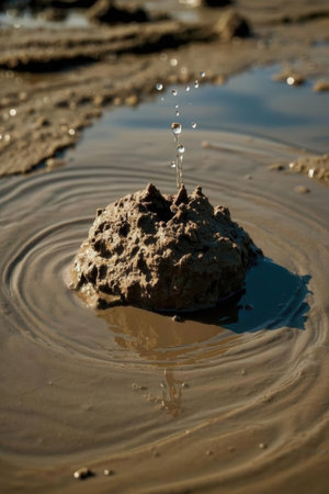Water drop on a rock in a puddle, closeup of photoの素材