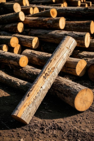 Wooden logs stacked in a pile in the forest, close-upの素材