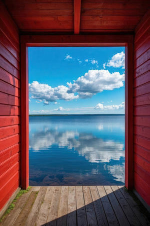 Reflection of the sky in a window in a red wooden houseの素材