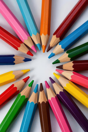 Colored pencils in a circle on a white background close upの素材