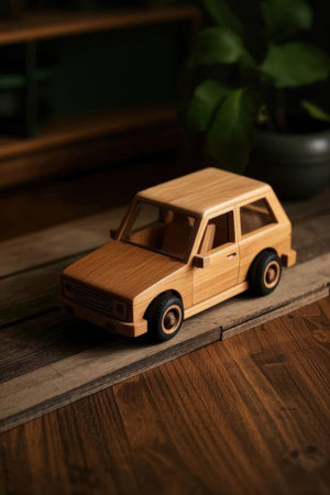 Wooden toy car on a wooden table in the living room.の素材