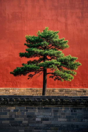 Pine tree in front of a red wall in Beijing, Chinaの素材