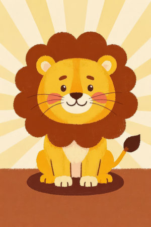 Cute cartoon lion sitting on the sunburst background. Vector illustration.の素材