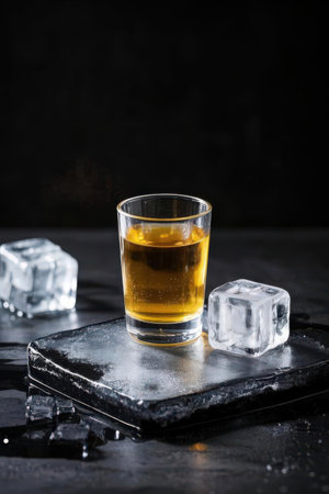 Glass of whiskey with ice cubes on a black background. Selective focus.の素材