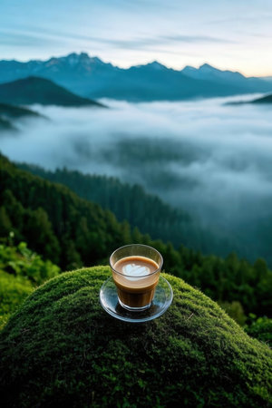 Cup of coffee on top of the mountain with morning mist.の素材