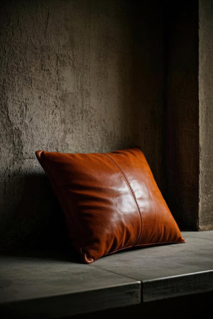 Brown leather pillow on a concrete wall in the corner of the roomの素材