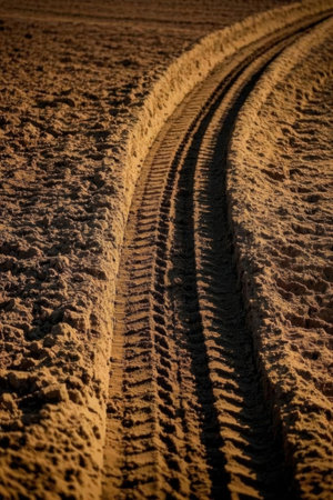 Tire tracks on the sand of a plowed field in the eveningの素材