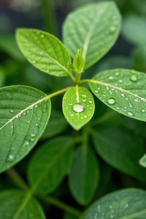 Water droplets on green leaves after rain. Water drops on green leaves.の素材