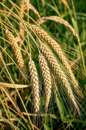Ears of wheat on a background of green grass close-upの素材