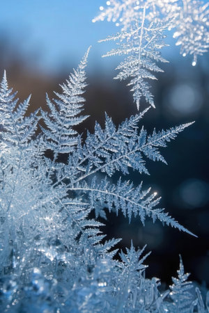 Frosty natural background with frozen plants and blue bokehの素材