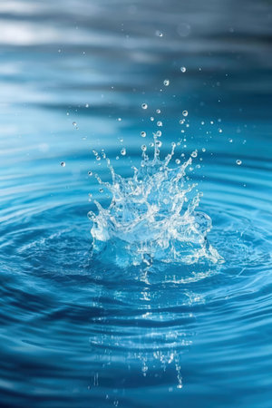 Water splash with ripples and drops of water on a blue backgroundの素材