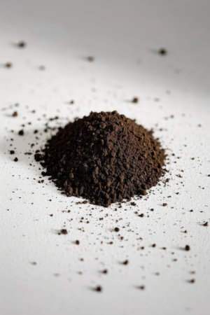 Pile of ground coffee isolated on white background. Top view.の素材