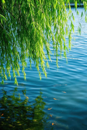 Beautiful green weeping willow branches on the lake surface in summerの素材