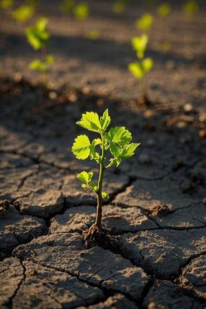 Young sprout growing on cracked earth background. Concept of climate changeの素材