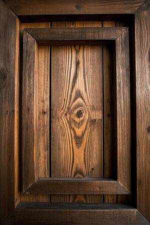 Wooden shelf in front of a wooden door. Wooden background.の素材