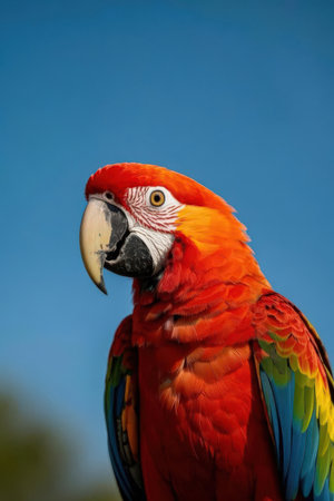 beautiful Scarlet macaw close up portrait on the blue sky backgroundの素材