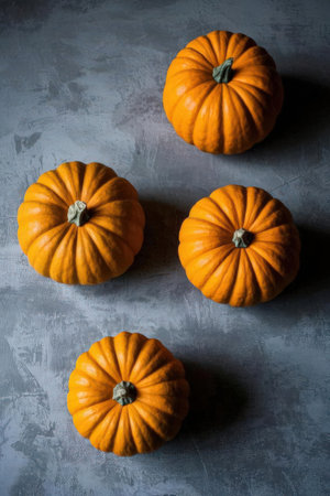 Three orange pumpkins on a gray background. Autumn harvest concept.の素材