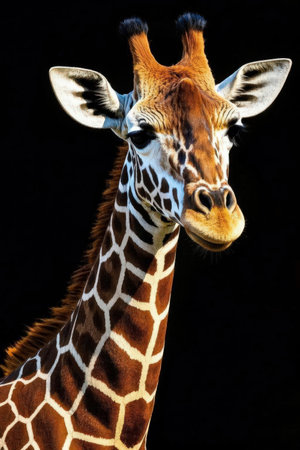 Portrait of a giraffe on a black background. Side view.の素材