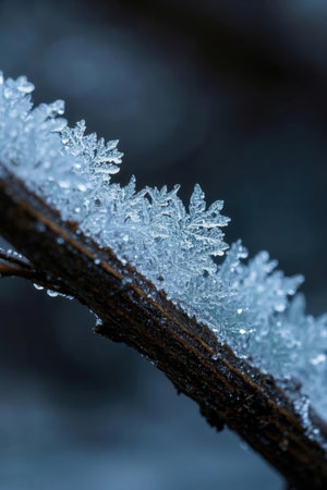 Frosty natural background with snow and ice crystals on a branchの素材