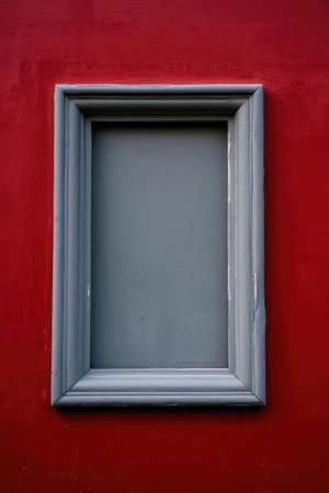 Old window on the red wall with a black frame and copy spaceの素材