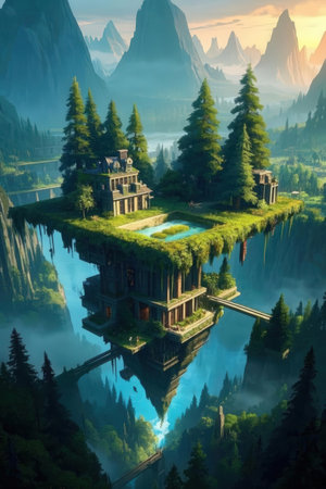 Fantasy landscape with a lake and a house in the mountains.の素材