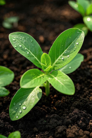 Green seedling with water drops in the soil. Close up.の素材