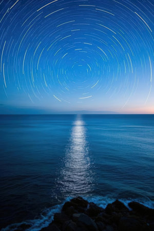Star trail over the sea at night. Beautiful natural background. Long exposure.の素材