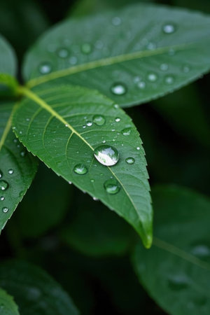 Water drops on green leaves after rain. Shallow depth of field.の素材