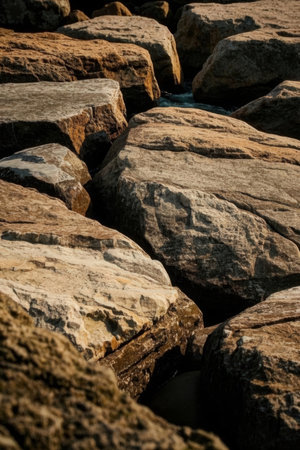 Rocky beach at sunset, natural background, close-up.の素材