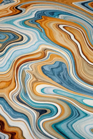 Abstract background of marbleized effect. Blue, orange and white colors.の素材