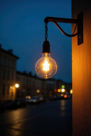Vintage light bulb hanging on the wall in the city at nightの素材