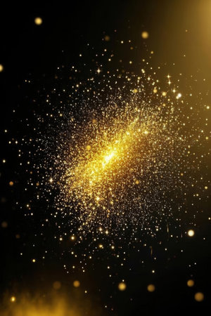 Abstract gold glitter sparkles on black background. Sparkling magic dust particlesの素材