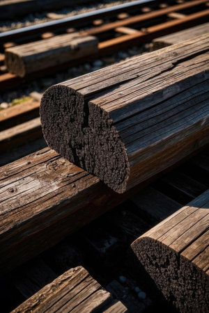 Railway sleepers close-up. Industrial background with rails.の素材