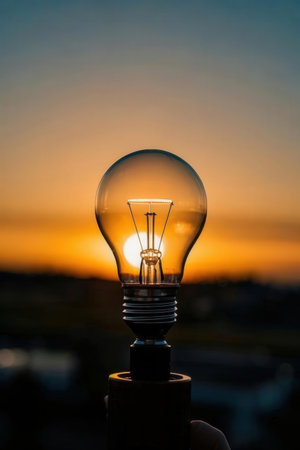 Light bulb in the hand of a man on a background of sunsetの素材
