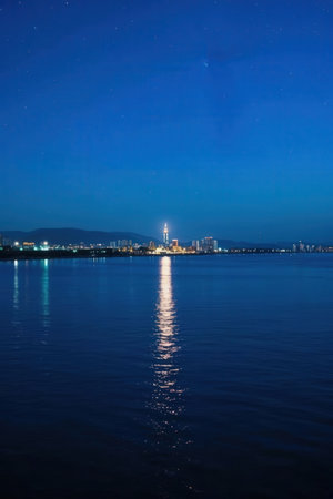 Night view of the city of Sochi from the sea. Russia.の素材