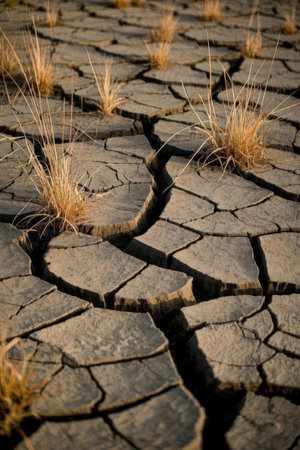 Dry cracked earth with dry grass. Global warming, climate change conceptの素材
