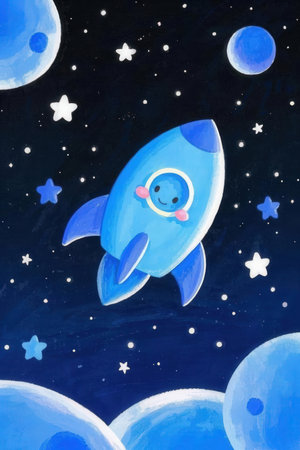 Cute cartoon rocket on the background of the starry sky.の素材