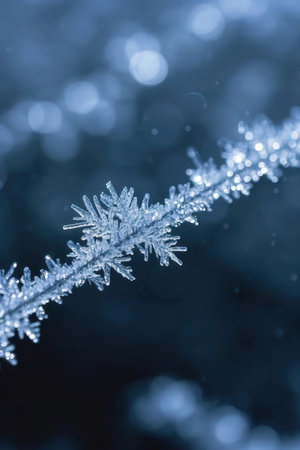 Close-up of frozen snowflakes on a branch in winterの素材