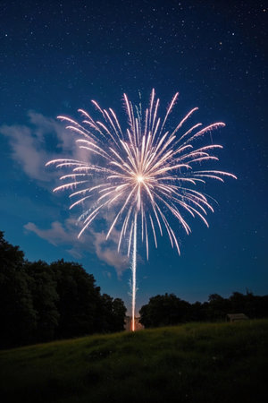 Beautiful fireworks in the night sky over the village. Poland.の素材