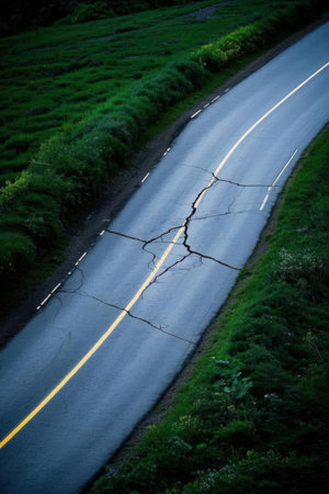 Asphalt road with cracks in the middle of the green field.の素材