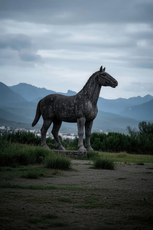 Horse statue on the top of a hill in a cloudy dayの素材