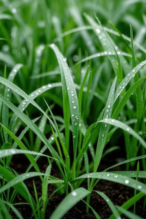 Green grass with dew drops close-up. Nature background.の素材