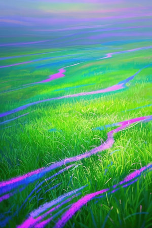Rice field in the morning. Green grass and purple sky.の素材