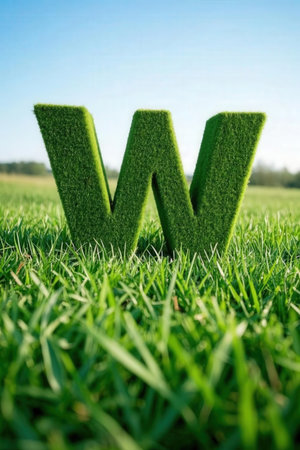 Grass letter W on a green grass field with blue sky backgroundの素材
